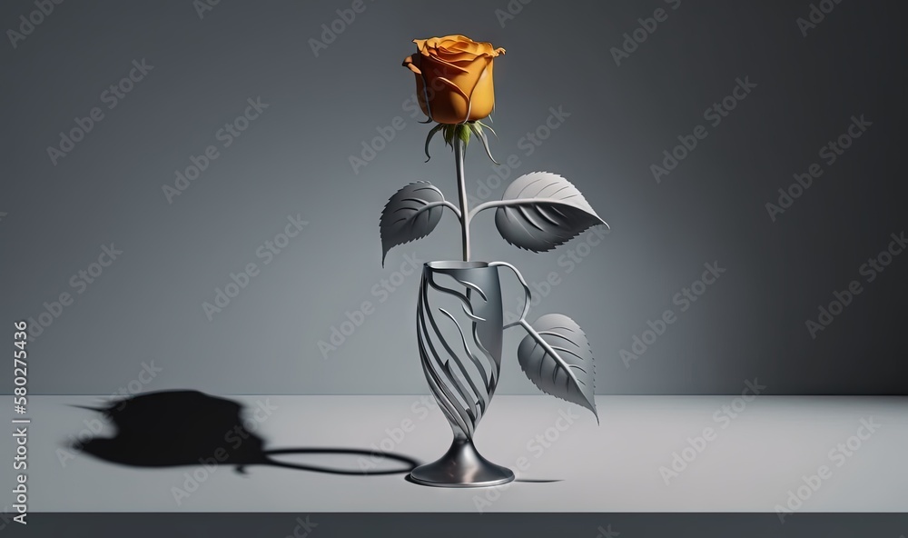 Poster a single yellow rose in a vase with a shadow on the floor and a shadow on the wall in the middle of 