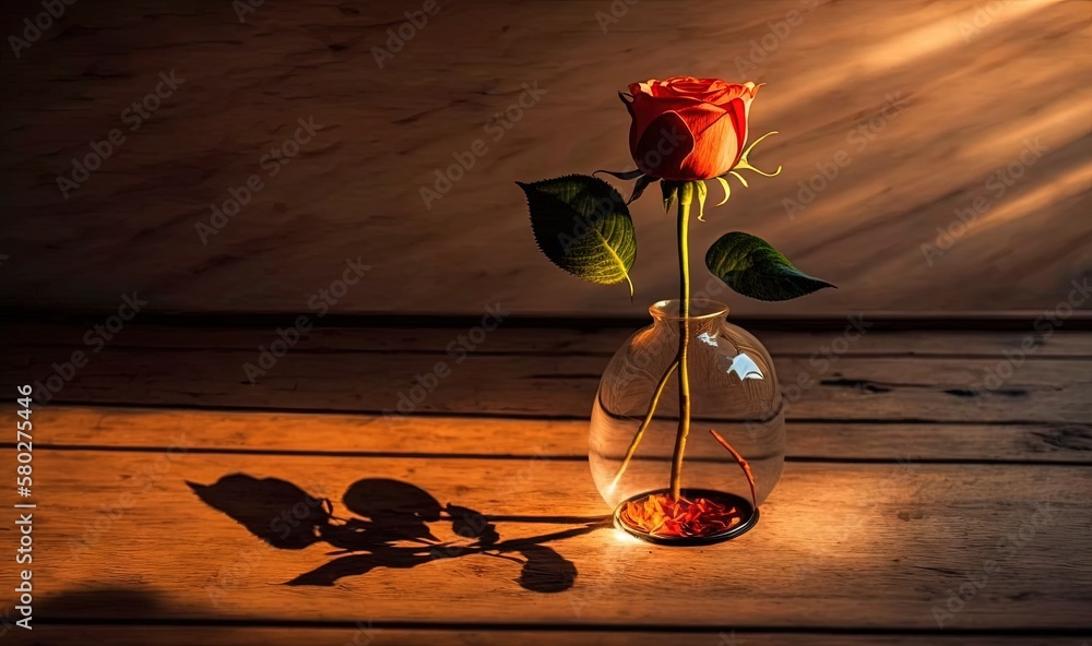 Poster a single red rose in a vase with a shadow on a wooden table with a light shining on the side of it a