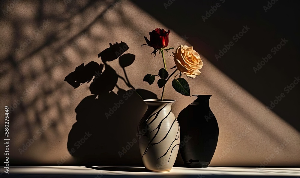 Poster  a couple of vases that are sitting on a table with a shadow of a rose on the wall behind them and a shadow of a wall behind them.  generative ai