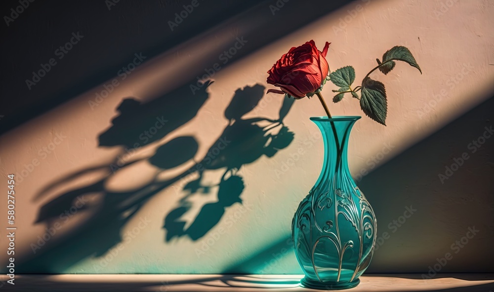 Aufkleber a red rose in a blue vase on a table with the shadow of a wall behind it and a shadow of a wall behi
