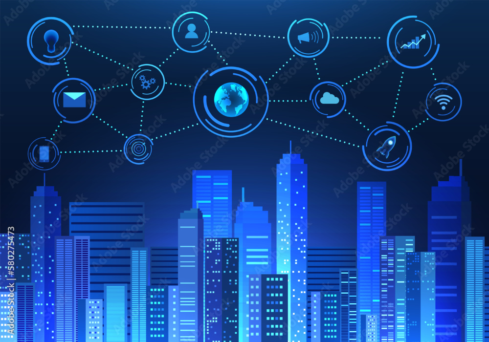 Poster large smart city using internet technology. the artificial intelligence system that helps in various