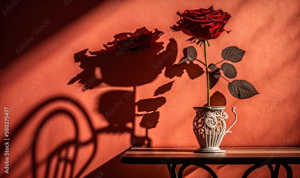 Poster a vase with a rose on a table with a shadow of a chair and a wall in the background with a shadow of