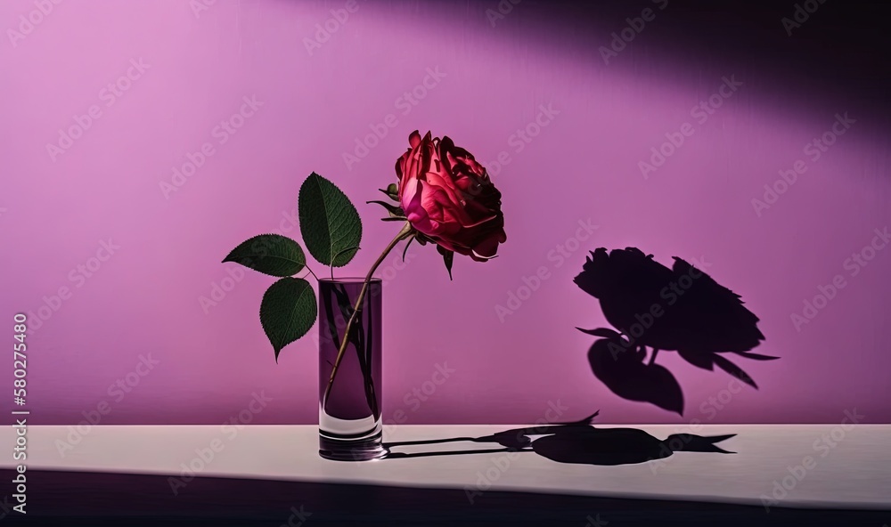 Poster a single rose in a vase on a table with a purple wall in the background and a shadow of a rose in th