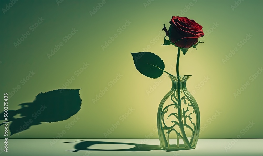 Poster a single red rose in a vase with a shadow on the table and a green wall in the background with a sha
