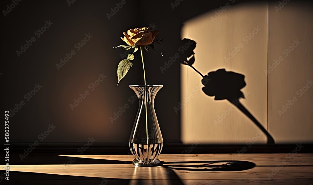 Poster  a single rose in a vase on a table with the shadow of a wall behind it and a shadow of a wall behind it on the wall.  generative ai