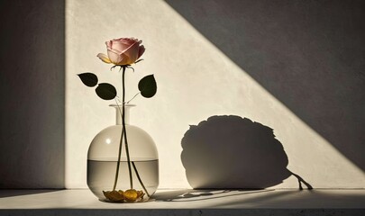  a single rose in a vase with a shadow on the wall behind it and a shadow of a rock on the floor behind it on a shelf.  generative ai