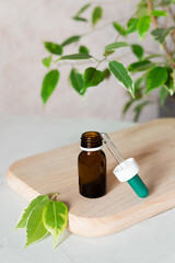 Glass dropper bottle mockup. Body care and spa. Natural cosmetics. Skin care bottle. Bottle for essential oils and cosmetics. Spa still life is completed with a wooden board and green leaves.