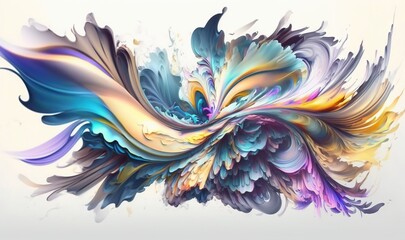  a painting of a bird with colorful feathers on it's back end and wings flying in the air, with a white background and a white backdrop.  generative ai