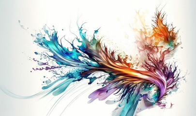  an artistic painting of a colorful bird of paradise with splashes of paint on it's wings and tail feathers.  generative ai