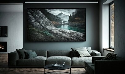  a living room with a large painting on the wall and a couch in front of a window with a view of a mountain lake in the distance.  generative ai