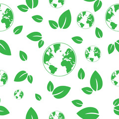 Eco friendly flat icon pattern with green leaves and globe. Vector illustration.