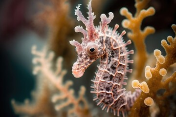 One of the Bargibanti Pygmy Seahorses resting in a coral sea fan. Indonesian underwater photograph shot while scuba diving in Raja Ampat. Generative AI