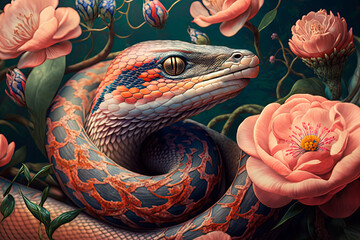 A close up of a snake with flowers. Generative AI
