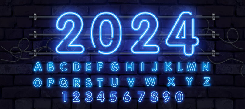 The word 2024 written blue gradient neon light glowing in the dark. Concept for new year 2024.