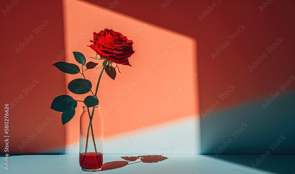 Poster a single red rose in a vase with a shadow on the floor in front of a red wall and a shadow on the fl