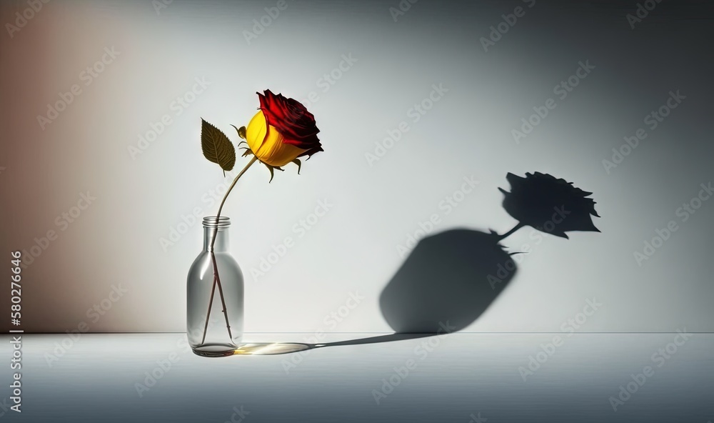 Poster  a single rose in a vase with a shadow on the wall in the background of the image, it appears to be a shadow of a vase with a single rose in it.  generative ai