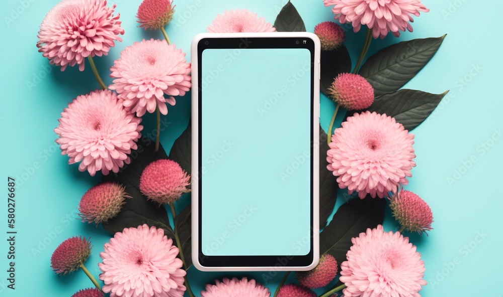 Poster a tablet with a blank screen surrounded by pink flowers on a blue background with leaves and petals 