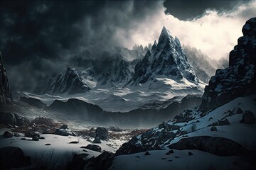 High, black, rocky mountains covered in snow under a cloudy sky create a foreboding landscape. Overcast, hazy, and dramatic mountain scenery with snow capped peaks. Stunning rock formations obscured b