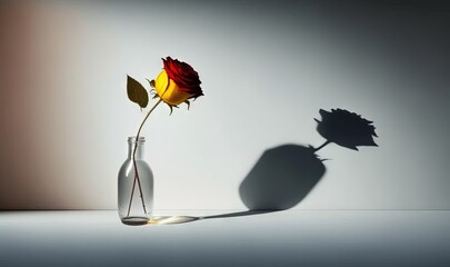  a single rose in a vase with a shadow on the wall in the background of the image, it appears to be a shadow of a vase with a single rose in it.  generative ai