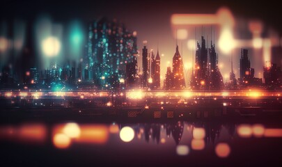  a city with a lot of tall buildings and a lot of lights in the night time with a reflection of the city lights on the water.  generative ai