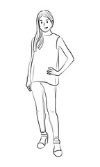 girl standing pose character cartoon line art illustration