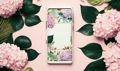  a phone case sitting on top of a pink surface with flowers and leaves around it on a pink surface with green leaves and pink flowers.  generative ai