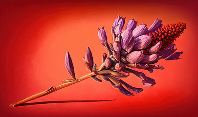  a painting of a flower on a red background with a shadow of the flower on the left side of the frame and the top of the flower on the right side of the frame.  generative ai