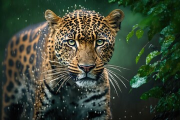Fototapeta na wymiar During a monsoon season wildlife safari in the forest of central India, a wild male leopard or panther walks head on with an eye contact in the natural green background panthera pardus fusca