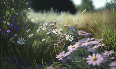  a field of wildflowers and daisies in the grass with trees in the background in the daytime sun, with a blurry sky in the foreground.  generative ai