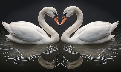  two white swans in the water making a heart shape with their necks and necks touching with their necks, on a black background with reflections.  generative ai
