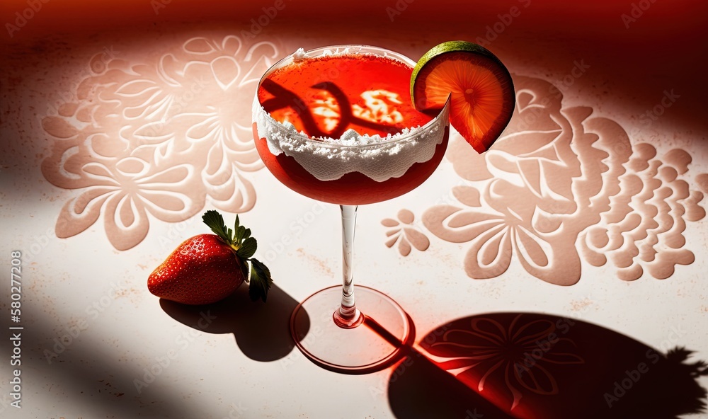 Poster a drink with a strawberry on the side and a slice of fruit on the side of the glass on a table with 