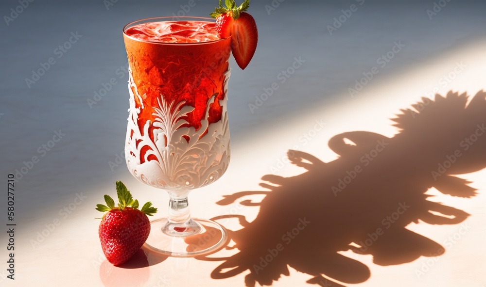 Aufkleber a glass with a straw and a strawberry on a table with a shadow of a person casting a shadow on the g