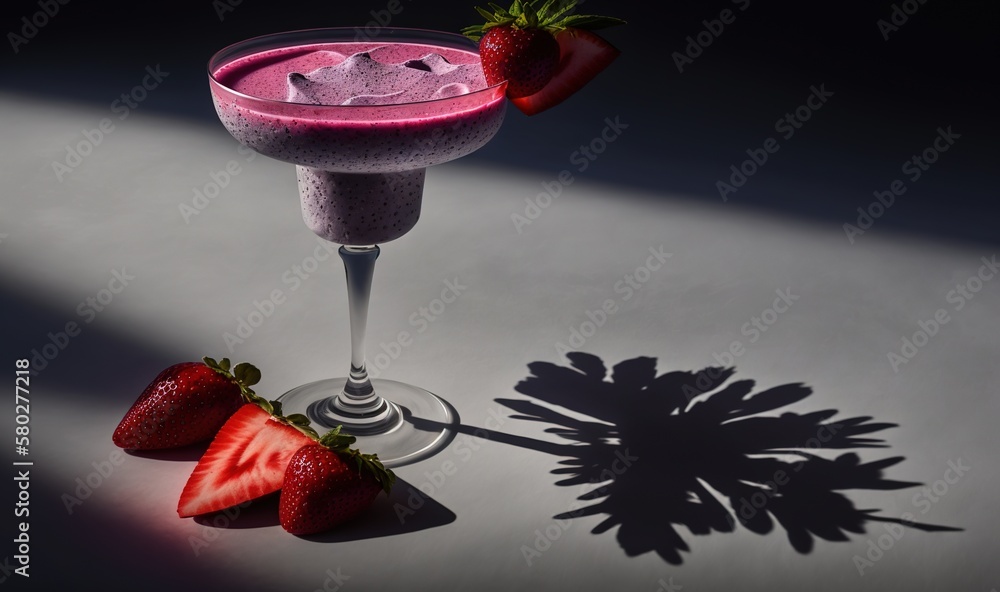 Poster a drink with strawberries on the rim and a shadow of a person casting a shadow on the floor with a s