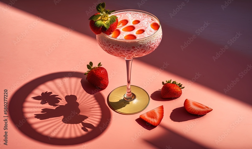 Poster a drink with strawberries on a pink table with a shadow of a person holding a strawberries in a wine