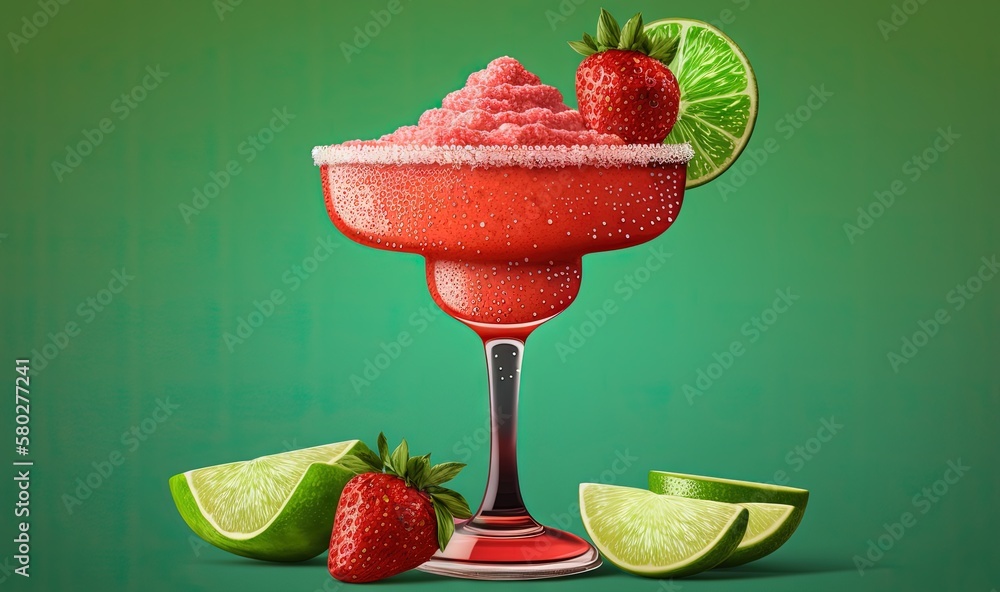 Poster a red drink with limes and strawberries on a green background with a lime slice and a lime slice on 