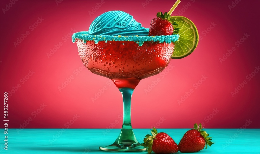 Poster a strawberry margarita with ice cream and a lime slice on a blue table with a pink and red backgroun