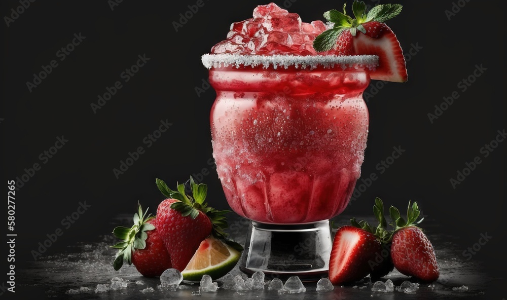 Poster  a red drink with strawberries and ice on a black background with a splash of water on the rim and a slice of lime and a strawberry on the rim.  generative ai