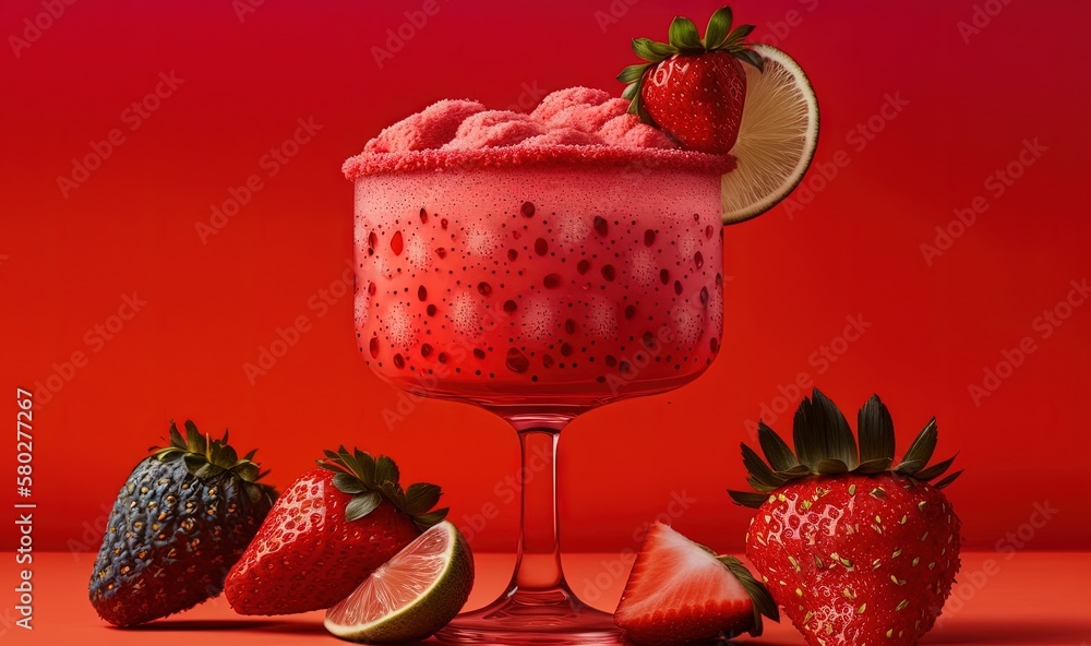 Aufkleber a drink with strawberries and limes on a red background with a lime slice on the rim of the glass an
