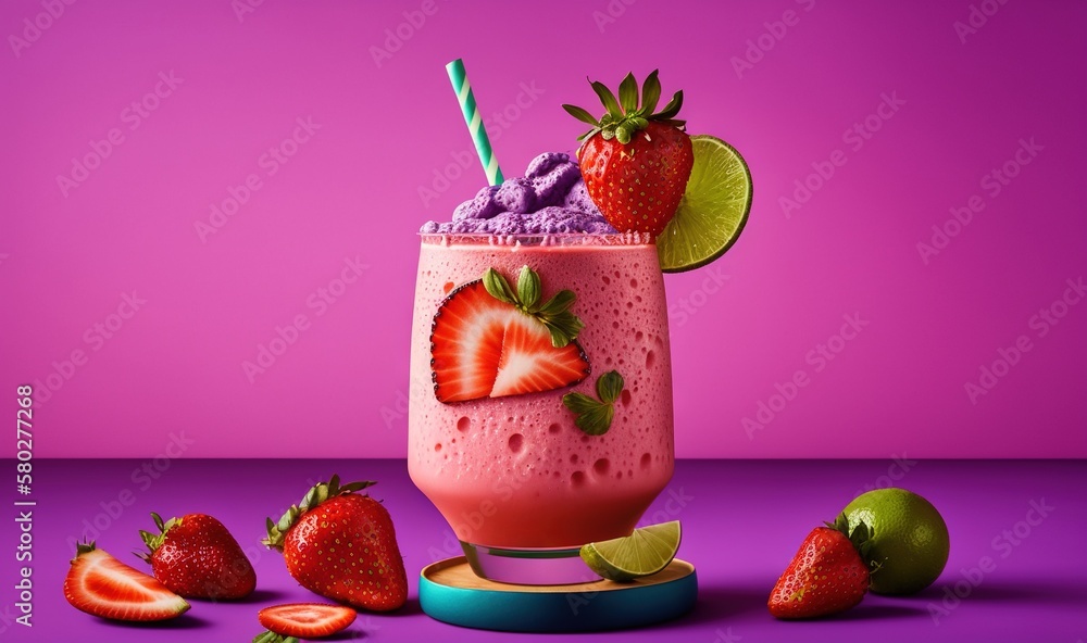 Poster  a smoothie with strawberries and a lime slice on a purple background with a purple background and a purple background with a pink background.  generative ai
