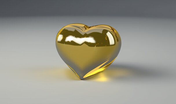  a shiny gold heart shaped object on a gray surface with a shadow on the ground and a light reflection on the surface of the object.  generative ai