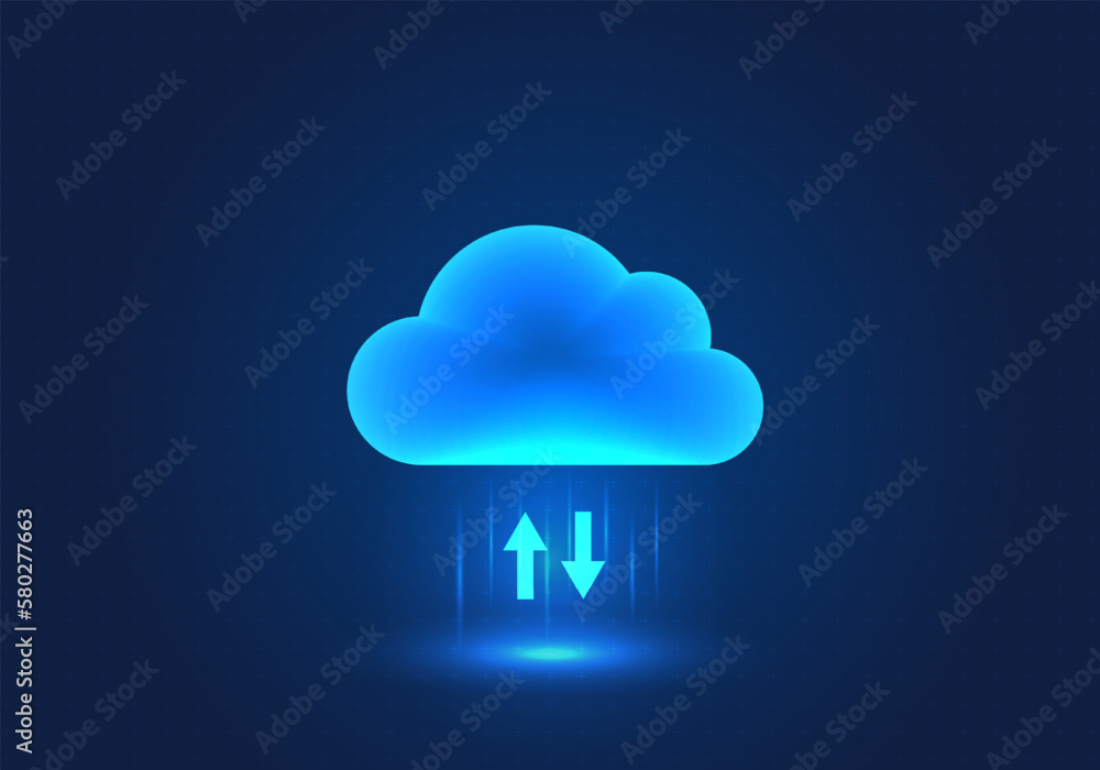 Poster clouds and arrows placed alternately represent technology that helps to store data and export data t