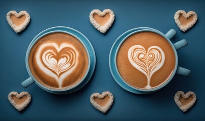  a cup of coffee with hearts drawn on it next to some sugar hearts on a blue background with a blue background and a blue background.  generative ai