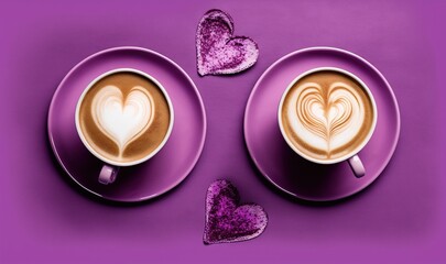  two cups of coffee with hearts on them on a purple surface with a purple heart on the side of the cup and two hearts on the side of the cup.  generative ai