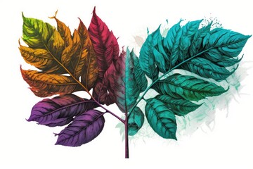 Illustration of tropical tree leaves colored by hand. Reducing the path between two points. Generative AI