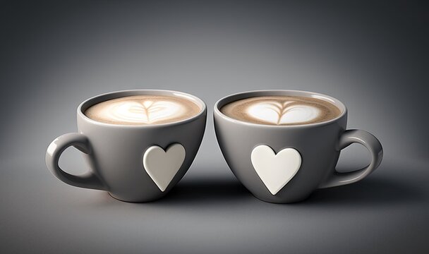  a couple of cups of coffee with hearts painted on the sides of the cups and the coffee is in the shape of a heart on the side of the cups.  generative ai