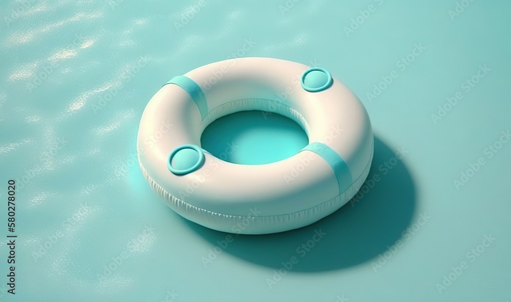 Poster a life preserver floating in the water on a blue surface with a shadow on the water and a shadow on 