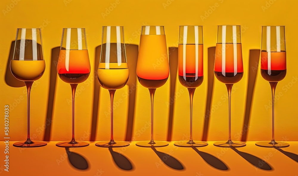 Poster a row of wine glasses sitting on top of a yellow table next to a row of wine glasses with different 