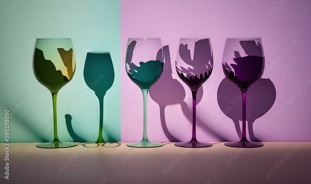 Poster a row of wine glasses sitting on top of a table next to each other on a table top with a shadow of a