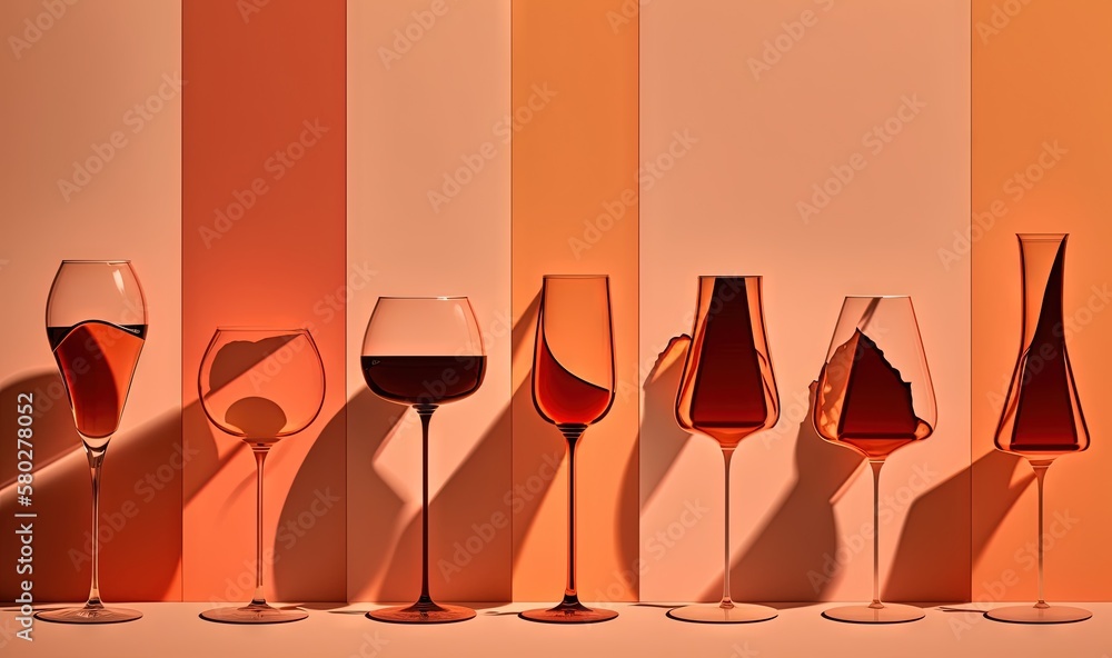 Poster a row of wine glasses sitting next to each other on a counter top next to a wall with a shadow of a 