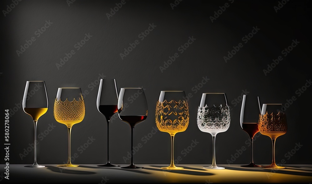 Poster a row of wine glasses sitting on top of a table next to each other on a black surface with a shadow 